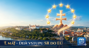 <img src="meninovy_kalendar_1_maj.jpg" alt="Panoramatický pohľad na Bratislavu s Bratislavským hradom a Dómom sv. Martina pod jasnou oblohou. Nad mestom sa vznáša v žiariacom kruhu dvanástich hviezd Európskej únie slovenský štátny znak – trojvršie s dvojkrížom. V spodnej časti obrázka je nápis: '1. MÁJ – DEŇ VSTUPU SR DO EÚ'. V pravom dolnom rohu je logo meninovýKalendár.sk s ikonou kalendára."> 