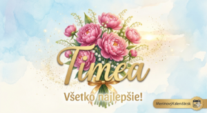 <img src="pohladnica-timea.jpg" alt="Elegantná digitálna pohľadnica k meninám pre Timeu. Na jemnom akvarelovom podklade v pastelovej modrej a krémovej farbe je zobrazená bohatá kytica ružových pivoniek a bielych konvaliniek previazaná zlatou stuhou. Okolo kvetov poletujú zlaté trblietky. V strede dominuje veľký zlatý nápis 'Timea' s textom 'Všetko najlepšie!' a v pravom dolnom rohu je umiestnené logo MeninovýKalendár.sk.">