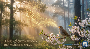 <img src="medzinarodny-den-vtacieho-spevu.jpg" alt="Fascinujúca vizualizácia 'Akustickej mágie': malý slávik sedí na rozkvitnutom konári čerešne v zahmlenom rannom lese. Z jeho zobáčika vychádzajú namiesto zvuku žiariace zlaté noty a elegantné ornamenty, ktoré sa vznášajú do priestoru medzi stromami. Vľavo dole je nápis: '3. MÁJ – MEDZINÁRODNÝ DEŇ VTÁČIEHO SPEVU'. Vpravo dole sa nachádza logo meninovýKalendár.sk s ikonou modrého kalendára.">