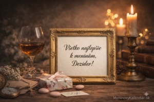 <img src="obrazok.jpg" alt="Prianie k meninám pre Dezidera – elegantný obrázok na šírku s citátom „Všetko najlepšie k meninám, Dezider!“, zlatý rám, sviečky, pohár vína, darček, teplé svetlo, logo MeninovýKalendár.sk">