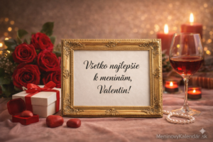 <img src="obrazok.jpg" alt="Prianie k meninám pre Valentína – romantický obrázok na šírku s krátkym citátom „Všetko najlepšie k meninám, Valentín!“, zlatý rám, červené ruže, sviečky, darček, pohár vína, srdiečka, teplé svetlo, logo MeninovýKalendár.sk">