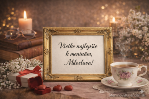 <img src="obrazok.jpg" alt="Prianie k meninám pre Miloslavu – elegantný obrázok na šírku s krátkym citátom „Všetko najlepšie k meninám, Miloslava!“, zlatý rám, knihy, sviečky, kvety, darček, šálka čaju, teplé svetlo, logo MeninovýKalendár.sk">