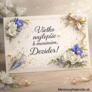 <img src="dezider-meniny.png" alt="Meninová kartička s nápisom Všetko najlepšie k meninám, Dezider! s kvetmi a zlatými dekoráciami"> <p><strong>Všetko najlepšie k meninám, Dezider!</strong></p>