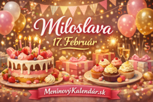 <img src="obrazok.jpg" alt="Meninové prianie pre Miloslavu k 17. februáru s tortou, koláčmi a oslavnou výzdobou v pozadí, text Miloslava 17. Február a nápis MeninovýKalendár.sk, slávnostná atmosféra, balóniky, darčeky a konfety">