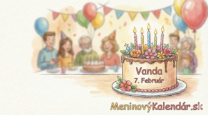 <img src="odkaz-na-tvoj-obrazok.jpg" alt="Akvarelová ilustrácia meninového priania pre Vandu. V popredí je detailne nakreslená torta s kvetmi, horiacimi sviečkami a nápisom „Vanda 7. Február“. Pozadie tvorí rozmazaná, veselá oslava s ľuďmi, farebnými balónmi a girlandami. V dolnej časti obrázka je nápis „MeninovýKalendár.sk“." title="Meninové prianie pre Vandu" style="max-width: 100%; height: auto; border-radius: 8px;">