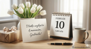 <img src="gabriela-meninovy-vizual.jpg" alt="Elegantné blahoželanie k meninám pre meno Gabriela na 10. februára. Na stole je váza s bielymi tulipánmi, stolový kalendár, darček, šálka a nápis Všetko najlepšie k meninám, Gabriela! s logom meninovýKalendár.sk" width="1024" height="576">