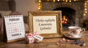 <img src="link-na-tvoj-obrazok.jpg" alt="Elegantné blahoželanie k meninám pre Gabrielu (10. február) s textom 'Všetko najlepšie k meninám, Gabriela!'. Na obrázku je útulné prostredie s horiacim krbom, šálkou horúceho čaju, darčekom pre Gabiku a kalendárom s označeným dátumom 10. február.">
