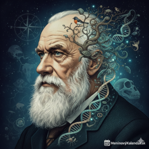 <img src="charles-darwin-evolucia.jpg" 
     alt="Darwinov deň: Umelecký portrét Charlesa Darwina, ktorého brada a vlasy plynule prechádzajú do stromu života so zvieratami, skrutkovnice DNA a evolučných symbolov s logom MeninovýKalendár.sk" 
     title="Darwinov deň - MeninovýKalendár.sk">
