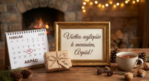 <img src="link-na-tvoj-obrazok-arpad.jpg" alt="Mužské blahoželanie k meninám pre Arpáda (13. február) s textom 'Všetko najlepšie k meninám, Arpád!'. Na obrázku je kalendár s nápisom FEBRUÁR a označeným 13. dňom, darček s menovkou Arpi, šálka teplého nápoja, vlašské orechy a šišky v útulnom prostredí s krbom.">