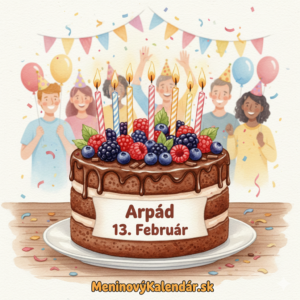 <img src="odkaz-na-obrazok-arpad.jpg"
alt="Akvarelová ilustrácia meninového priania pre Arpáda s dátumom 13. február. Na obrázku je poschodová čokoládová torta zdobená lesným ovocím a horiacimi sviečkami. V pozadí sa veselia ľudia s párty čiapkami a balónmi. V dolnej časti je nápis MeninovýKalendár.sk."
title="Meninové prianie: Arpád 13. február"
style="max-width: 100%; height: auto; border-radius: 8px;">