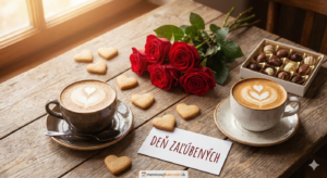 alt="Romantické zátišie na drevenom stole pri okne, obsahujúce dve šálky cappuccina so srdiečkovým latte art, kyticu červených ruží, otvorenú bonboniéru, rozsypané srdiečkové sušienky a bielu kartičku s ručne písaným nápisom DEŇ ZAĽÚBENÝCH. V dolnej časti je logo meninovýKalendár.sk."