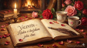 <img src="https://googleusercontent.com/image_generation_content/5" alt="Umelecká maľba otvorenej knihy na stole s kyticou ruží, horiacou sviečkou a šálkami kávy v útulnom prostredí pri krbe. Na stránke knihy je kaligrafický nápis 'Valentín – Láska v každom jeho čine.' V pravom dolnom rohu je logo MeninovýKalendár.sk." title="Valentín - Meninové blahoželanie" style="width: 100%; height: auto; border-radius: 8px;">
