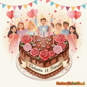 <img src="odkaz-na-obrazok-valentin.jpg" alt="Akvarelová ilustrácia meninového priania pre Valentína s dátumom 14. február. Na obrázku je čokoládová torta v tvare srdca zdobená ružovými ružami a sviečkami. V pozadí je veselá skupina ľudí, balóny v tvare srdca a girlandy. V dolnej časti je nápis MeninovýKalendár.sk." title="Meninové prianie: Valentín 14. február" style="max-width: 100%; height: auto; border-radius: 8px;">