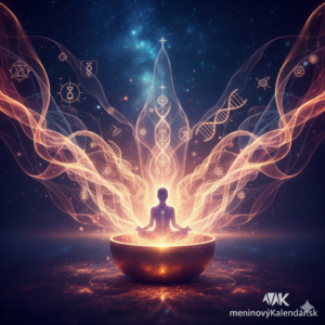 alt="Eterická a spirituálna ilustrácia k Svetovému dňu liečenia zvukom. Uprostred žiariacej tibetskej spievajúcej misy sedí v lotosovom kvete postava v hlbokej meditácii. Z misy stúpajú svetelné vibračné vlny v teplých oranžových a zlatých tónoch, v ktorých sú zakomponované symboly DNA a posvätnej geometrie na pozadí hviezdneho vesmíru. V pravom dolnom rohu je biele logo meninovýKalendár.sk."
