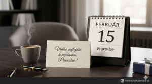 <img src="pravoslav-meninovy-vizual.jpg" alt="Elegantné blahoželanie k meninám pre meno Pravoslav na 15. februára. Na tmavom stole je stolový kalendár, pohľadnica s nápisom Všetko najlepšie k meninám, Pravoslav!, šálka dymiacej kávy, pero a logo meninovýKalendár.sk" width="1024" height="576"> 