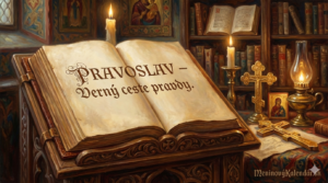<img src="https://googleusercontent.com/image_generation_content/6" alt="Umelecká maľba otvorenej historickej knihy na drevenom pulte v prostredí pripomínajúcom starú knižnicu alebo skriptórium. V pozadí sú ikony, kríže a horiace sviečky. Na stranách knihy je ozdobný nápis 'Pravoslav – Verný ceste pravdy.' V dolnom rohu je logo MeninovýKalendár.sk." title="Pravoslav - Meninové blahoželanie" style="width: 100%; height: auto; border-radius: 8px;">