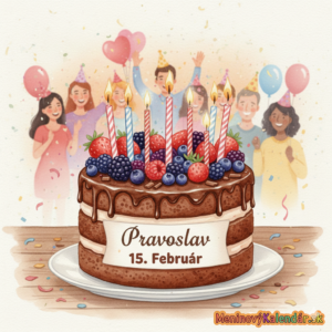 <img src="odkaz-na-obrazok-pravoslav.jpg" alt="Akvarelová ilustrácia meninového priania pre Pravoslava s dátumom 15. február. Na obrázku dominuje poschodová čokoládová torta bohato zdobená lesným ovocím, jahodami a horiacimi sviečkami. V pozadí je rozmazaná skupina oslavujúcich ľudí s balónmi a konfetami. V dolnej časti je nápis MeninovýKalendár.sk." title="Meninové prianie: Pravoslav 15. február" style="max-width: 100%; height: auto; border-radius: 8px;">