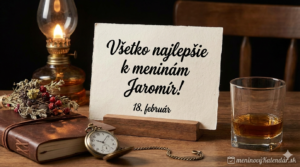 <img src="meninove-blahozelanie-jaromir.jpg" alt="Štýlové pánske blahoželanie k meninám pre Jaromíra, 18. február. Rustikálne prostredie s vintage hodinkami, pohárom whisky, zápisníkom a logom meninovyKalendar.sk" width="100%" height="auto"> 