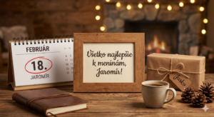 <img src="link-na-tvoj-obrazok-jaromir.jpg" alt="Pánske blahoželanie k meninám pre Jaromíra (18. február) s textom 'Všetko najlepšie k meninám, Jaromír!'. Na obrázku je stolový kalendár s nápisom FEBRUÁR a zakrúžkovaným 18. dňom, drevený rámik s prianím, darček s menovkou Jarko, šálka kávy a kožený zápisník v útulnom prostredí s krbom v pozadí.">