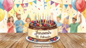 <img src="odkaz-na-obrazok-jaromir.jpg" alt="Akvarelová ilustrácia meninového priania pre Jaromíra s dátumom 18. február. V popredí na drevenom stole dominuje čokoládová torta zdobená lesným ovocím, orechmi a horiacimi sviečkami. V pozadí je rozostrená skupina oslavujúcich ľudí pod farebnými girlandami a balónmi. V dolnej časti je nápis MeninovýKalendár.sk." title="Meninové prianie: Jaromír 18. február" style="max-width: 100%; height: auto; border-radius: 8px;"> 
