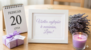 <img src="link-na-tvoj-obrazok-livia.jpg" alt="Elegantné a jemné blahoželanie k meninám pre Líviu (20. február) s nápisom 'Všetko najlepšie k meninám, Lívia!'. Na obrázku je biely rámik s textom, stolový kalendár s nápisom FEBRUÁR 20, fialový darček s menovkou Livka, kytica levandule a zapálená fialová sviečka na drevenom stole.">