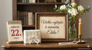 <img src="meno-etela-meniny.jpg" alt="Elegantné blahoželanie k meninám pre Etelu (22. február) s nápisom 'Všetko najlepšie k meninám, Etela!'. Na obrázku je stolový kalendár s dátumom 22. FEBRUÁR, darček v krémovom papieri s menovkou Etelka, biele frézie vo váze, perlový náhrdelník a zapálená sviečka na pozadí domácej knižnice s logom MeninovýKalendár.sk."> 