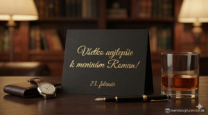 <img src="meninove-blahozelanie-roman.jpg" alt="Štýlové pánske blahoželanie k meninám pre Romana, 23. február. Čierna karta so zlatým písmom na pracovnom stole s hodinkami, perom, pohárom whisky a logom meninovyKalendar.sk" width="100%" height="auto"> 