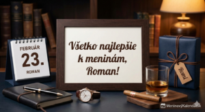 <img src="meno-roman-meniny.jpg" alt="Mužné a elegantné blahoželanie k meninám pre Romana (23. február) s nápisom 'Všetko najlepšie k meninám, Roman!'. Na obrázku je tmavomodrý stolový kalendár s dátumom 23. FEBRUÁR, tmavý drevený rámik s prianím, darček s menovkou Romi, luxusné hodinky, plniace pero na koženom zápisníku a pohár s logom MeninovýKalendár.sk v pravom dolnom rohu.">