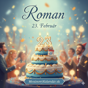 <img src="cesta-k-tvojmu-obrazku.jpg" 
     alt="Elegantné blahoželanie k meninám pre Romana: Trojposchodová modro-biela torta s číslom 23 a nápisom 'Roman 23. Február' na slávnostnom pozadí s ľuďmi a konfetami. Dole je odkaz MeninovýKalendár.sk." 
     width="1024" 
     height="1024">
