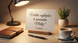 <img src="meninove-blahozelanie-matej.jpg" alt="Moderné a elegantné blahoželanie k meninám pre Mateja, 24. február. Karta s vinšom na pracovnom stole pod lampou, so šálkou kávy, zápisníkom a logom meninovyKalendar.sk" width="100%" height="auto">