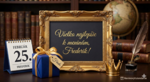<img src="meno-frederik-meniny.jpg" alt="Elegantné kráľovské blahoželanie k meninám pre Frederika (25. február) so zlatým nápisom 'Všetko najlepšie k meninám, Frederik!'. Na obrázku je modrý stolový kalendár s dátumom 25. FEBRUÁR, modro-zlatý darček s menovkou Fredo, malá zlatá koruna, historické brko v kalamári a pozadie s knižnicou a glóbusom. V dolnom rohu je logo MeninovýKalendár.sk.">