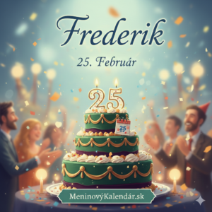 <img src="cesta-k-obrazku-frederik.jpg"
alt="Slávnostné blahoželanie k meninám pre Frederika: Trojposchodová elegantná zeleno-hnedá torta s číslom 25 a nápisom 'Frederik 25. Február' na pozadí s oslavujúcimi ľuďmi a konfetami. Dole je odkaz MeninovýKalendár.sk."
width="1024"
height="1024">