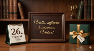 <img src="blahozelanie-viktor-meniny.jpg" alt="Elegantné a víťazné blahoželanie k meninám pre Viktora (26. február) s nápisom 'Všetko najlepšie k meninám, Viktor!'. Na obrázku je tmavý drevený stolový kalendár s dátumom 26. FEBRUÁR, tmavozelený darček so zlatou stuhou a menovkou Viktorko, v pozadí je knižnica a malá trofej symbolizujúca úspech. V dolnom rohu sa nachádza logo MeninovýKalendár.sk.">