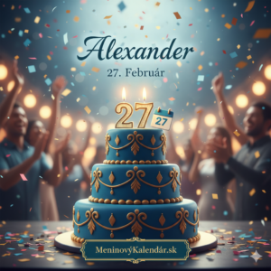 <img src="cesta-k-obrazku-alexander.jpg" 
     alt="Elegantné meninové prianie pre Alexandra: Modrá trojposchodová torta so zlatým zdobením a sviečkami v tvare čísla 27. Nad tortou je nápis 'Alexander 27. Február' a v pozadí oslavujúci hostia s konfetami. V dolnej časti je webový odkaz MeninovýKalendár.sk." 
     width="1024" 
     height="1024">
