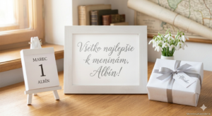 <img src="blahozelanie-albin-meniny.jpg" alt="Jemné a svetlé blahoželanie k meninám pre Albína (1. marec) s nápisom 'Všetko najlepšie k meninám, Albín!'. Na obrázku je biely stolový kalendár s dátumom MAREC 1, darček zabalený v čisto bielej paperi so striebornou stuhou a menovkou Albínko, a váza s bielymi snežienkami, ktoré symbolizujú čistotu a začiatok jari. V dolnom rohu je jemné logo MeninovýKalendár.sk.">