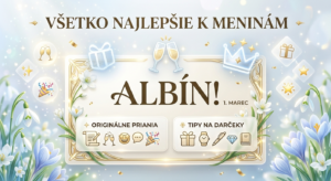 <img src="pozvanka-meniny-albin.jpg" alt="Elegantné digitálne blahoželanie k meninám pre Albína s nápisom Všetko najlepšie, jarnými kvetmi, snežienkami a ikonami darčekov" title="Blahoželanie k meninám - Albín (1. marec)">
