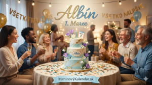 <img src="cesta-k-obrazku-albin.jpg"
alt="Slávnostné meninové prianie pre Albína: Bielo-modrá trojposchodová torta zdobená jarnými kvetmi (krokusy a snežienky) so sviečkou s číslom 1. Na obrázku je nápis 'Albín 1. Marec' a v pozadí oslavujúca rodina pri stole s pohármi sektu. Dole je odkaz MeninovýKalendár.sk."
width="1792"
height="1024">