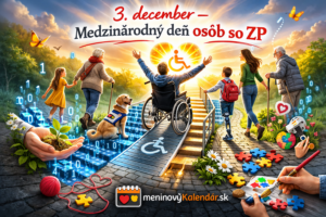 <img src="obrazok-3-december-medzinarodny-den-osob-so-zp.jpg" alt="Silná vizuálna metafora, kde sa digitálne jednotky a nuly menia na schodíky a bezbariérové rampy, po ktorých kráčajú rôzni ľudia vrátane osôb so zdravotným postihnutím smerom k žiariacemu slnku inklúzie. Na obrázku je nápis „3. december – Medzinárodný deň osôb so ZP“ a logo meninovýKalendár.sk." />