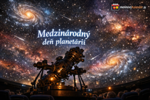 <img src="obrazok-medzinarodny-den-planetarii.jpg" alt="Dychberúci pohľad na vnútro kupoly planetária s historickým projektorom hviezdnej oblohy a digitálnymi projekciami galaxií. Na obraze je nápis „Medzinárodný deň planetárií“ a logo meninovýKalendár.sk." />