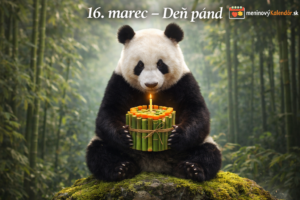 <img src="obrazok-16-marec-den-pand.jpg" alt="Fotorealistická panda veľká sedí na machom obrastenej skale v bambusovom lese a v labkách drží tortu vyrobenú z čerstvého bambusu a mrkvy so zapálenou sviečkou. Na obrázku je nápis „16. marec – Deň pánd“ a logo meninovýKalendár.sk." />