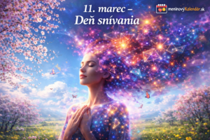 <img src="obrazok-den-snivanja-11-marec.jpg" alt="Éterická postava stojí v jarnom prostredí s rozkvitnutými stromami, pričom jej myšlienky sa menia na farebné galaxie, hviezdy a geometrické tvary na oblohe. Na obrázku je nápis „11. marec – Deň snívania“ a logo meninovýKalendár.sk." />
