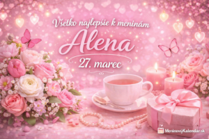 <img src="alena-27-marec-meniny.jpg" alt="Štýlový obrázok s blahoželaním k meninám pre Alenu – 27. marec, jemný ružový ženský dizajn s kvetmi, motýľmi, sviečkami, šálkou čaju a darčekom, s textom Všetko najlepšie k meninám Alena a logom MeninovýKalendár.sk">