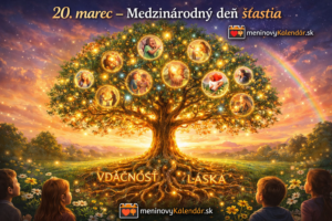 <img src="obrazok-20-marec-medzinarodny-den-stastia.jpg" alt="Farebná ilustrácia stromu šťastia, ktorého korene tvoria slová Vďačnosť a Láska a jeho koruna je plná žiariacich svetielok a radostných momentov. Na obrázku je nápis „20. marec – Medzinárodný deň šťastia“ a logo meninovýKalendár.sk." />