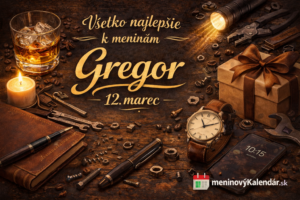 <img src="a_greeting_card_in_digital_illustration_style_cele.png" alt="Blahoželanie k meninám Gregor – 12. marec, štýlový obrázok s whisky pohárom, hodinkami, darčekom, sviečkou, zápisníkom a nápisom Všetko najlepšie k meninám Gregor s logom meninovýKalendár.sk">