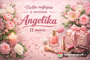 <img src="a_greeting_card_digital_image_celebrating_angelika.png" alt="Blahoželanie k meninám Angelika – 11. marec, štýlový ružový obrázok s kvetmi, darčekom, parfumom, kozmetikou, sviečkou a nápisom Všetko najlepšie k meninám Angelika s logom meninovýKalendár.sk">