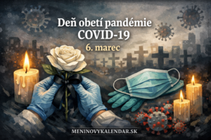 alt="Deň obetí pandémie COVID-19 – pietny obrázok s horiacimi sviečkami, bielou ružou so smútočnou stuhou v rukách v ochranných rukaviciach, ochranným rúškom a symbolmi vírusu na tmavom pozadí cintorína, pripomínajúci pamiatku obetí pandémie, dátum 6. marec, MENINOVYKALENDAR.SK"