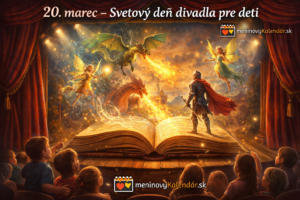 <img src="obrazok-20-marec-svetovy-den-divadla-pre-deti.jpg" alt="Magická divadelná scéna, kde z otvorenej knihy na javisku vystupujú draci, víly a rytier smerom k nadšeným detským divákom v hľadisku. Na obrázku je nápis „20. marec – Svetový deň divadla pre deti“ a logo meninovýKalendár.sk." />