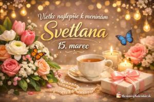 <img src="svetlana-15-marec-meniny.jpg" alt="Blahoželanie k meninám pre Svetlanu – štýlový obrázok s kvetmi, sviečkami, šálkou čaju a darčekom s textom Všetko najlepšie k meninám Svetlana – 15. marec a logom MeninovýKalendár.sk">