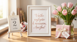 <img src="blahozelanie-anezka-meniny.jpg" alt="Jemné a elegantné blahoželanie k meninám pre Anežku (2. marec) so snehovo bielym stolovým kalendárom na malom stojane s dátumom MAREC 2 a nápisom 'ANEŽKA' pod ním. V bielej ozdobnej obrube je ružovo-zlatým krasopisom nápis 'Všetko najlepšie k meninám, Anežka!'. Napravo je sklenená váza s kyticou svetloružových tulipánov a vedľa nej darček zabalený v pastelovom ružovom papieri s krémovou čipkovanou stuhou a menovkou 'Nežka'. V dolnom rohu je jemné biele logo 'MeninovýKalendár.sk'. Scéna je zaliata mäkkým ranným svetlom, s rozmazanými knihami a hodvábnou šatkou v pozadí, na drevenom stole.">