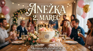 Urob mi obrázok v štýle priania mením kde bude nejaká torta alebo koláč + oslava v pozadí . Bude tam napísané meno Anežka 2. Marec a dole v obrázku bude odkaz MeninovýKalendár.sk . Na šírku